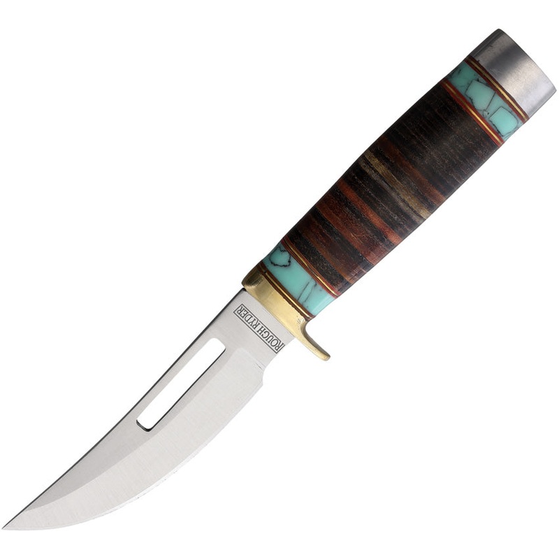 Rough Ryder Skinner Fixed Blade Knife Brown/Blue Stacked Leather Stainless 2390