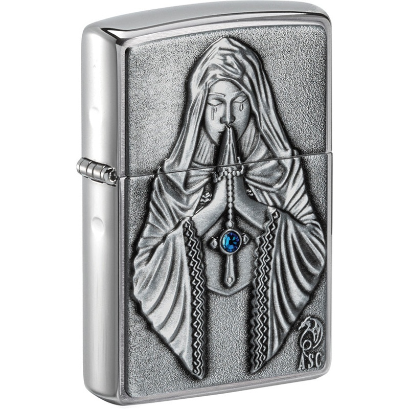 Zippo Praying Woman Emblem Brushed Chrome Windless USA Made Lighter 71283