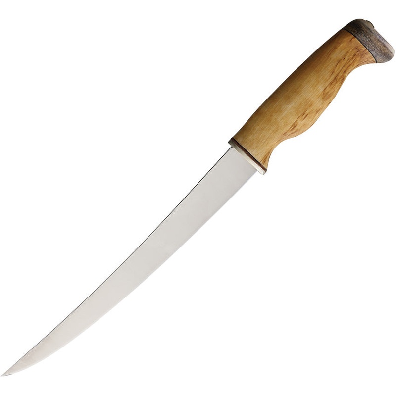 Wood Jewel Large Fillet Curly Birch Stainless Fixed Blade Knife w/ Sheath 23FPI