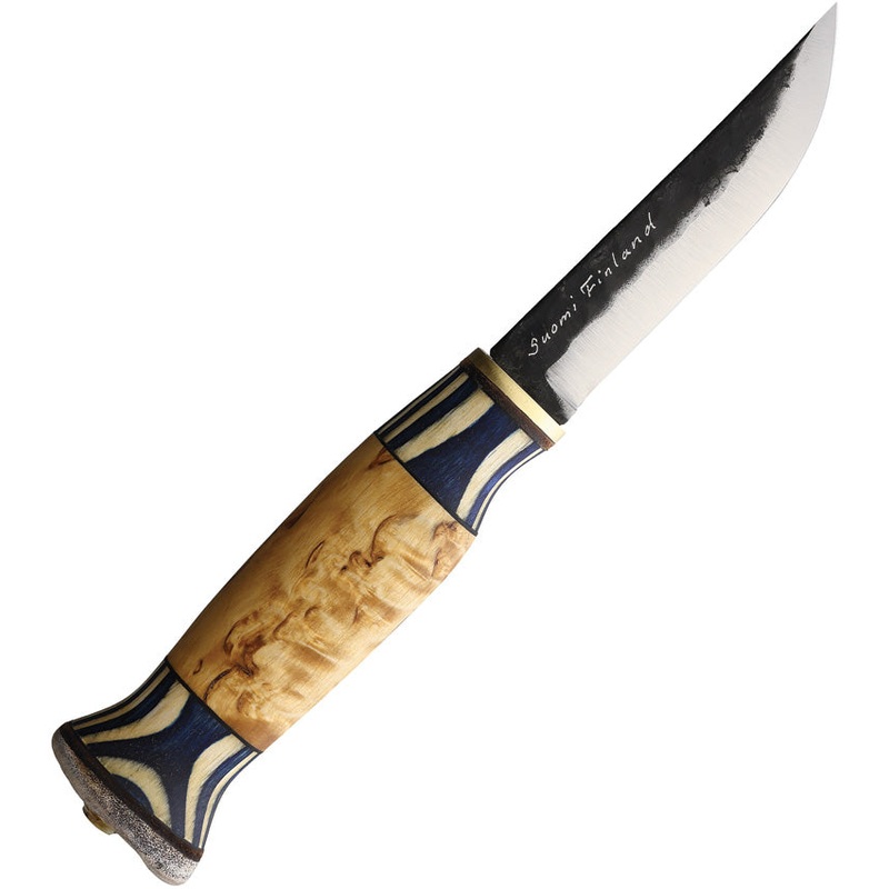 Wood Jewel Lion Blue & White Curly Birch Carbon Steel Fixed Blade Knife 23LION9