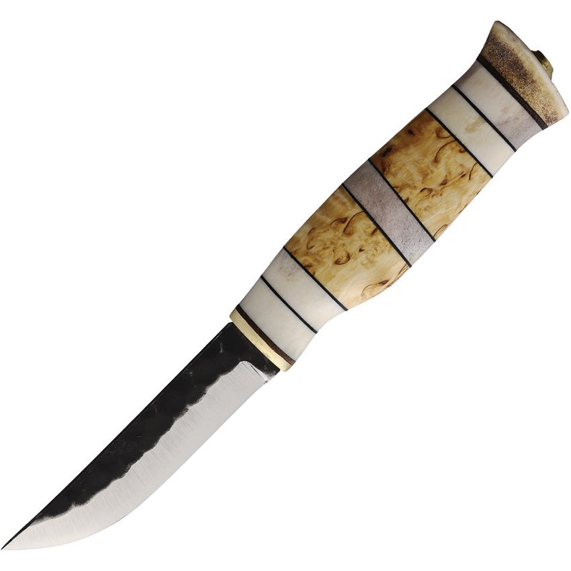 Wood Jewel Willow Grouse Curly Birch & Horn Carbon Steel Fixed Blade Knife 23RIE