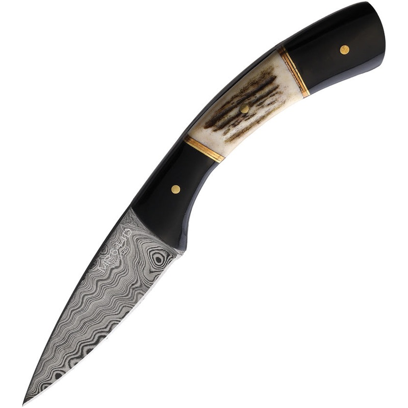 Marbles Black Stag & Horn Damascus Fixed Blade Knife w/ Leather Sheath 644D