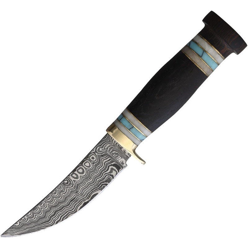 Marbles Hunter Brown Wood Damascus Fixed Blade Knife w/ Belt Sheath 634