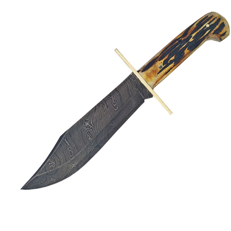 Bear & Son Bowie Faux Stag Damascus Clip Pt Fixed Blade Knife w/ Sheath 500D34