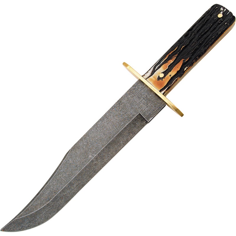 Bear & Son Bowie Genuine Stag Bone Damascus Fixed Blade Knife w/ Sheath 502D