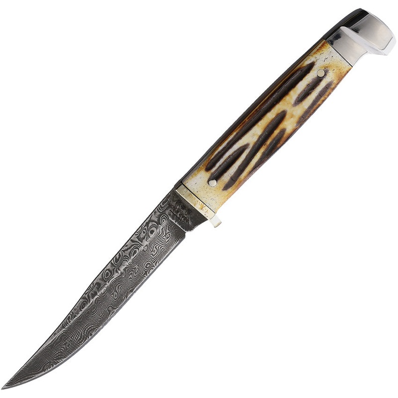 Bear & Son Stag Bone Damascus Clip Point Fixed Blade Knife w/ Belt Sheath 563D