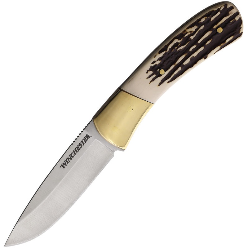 Winchester Brass & Faux Stag Stainless Fixed Blade Knife w/ Sheath 6220065W