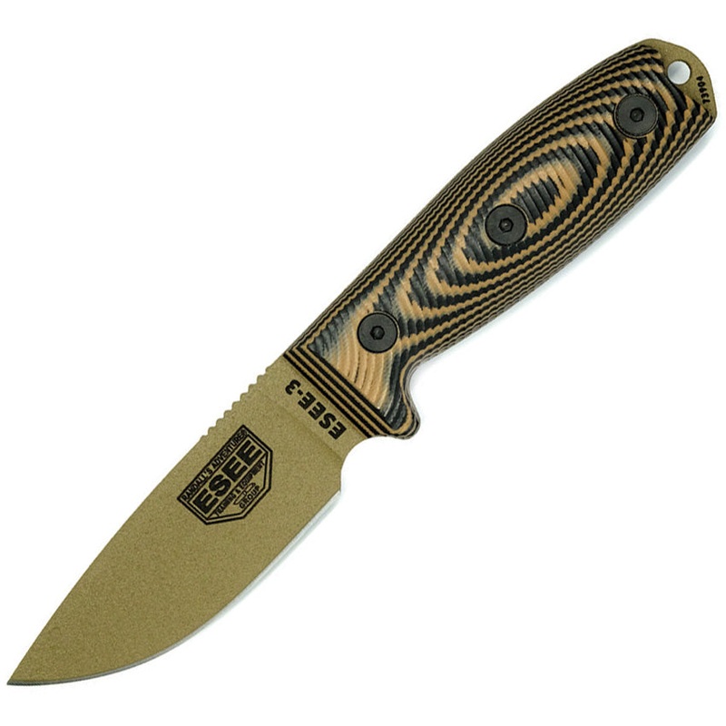 ESEE Model 3 Black & Brown 3D G10 DE 1095HC Fixed Blade Knife w/ Sheath 3PMDE005