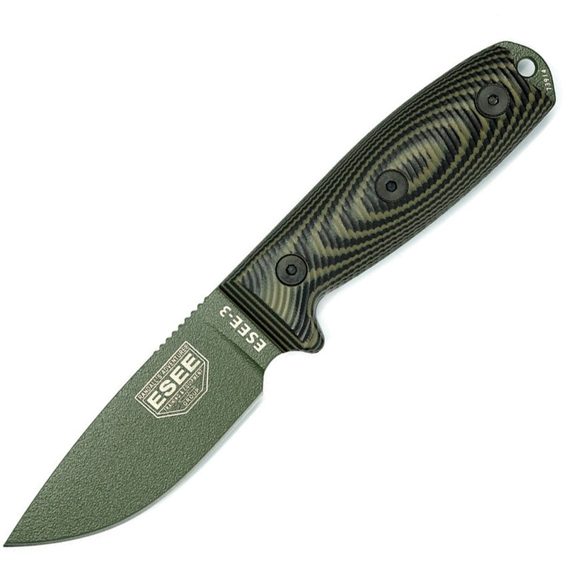 ESEE Model 3 Black & Green 3D G10 1095HC Fixed Blade Knife w/ Sheath 3PMOD003