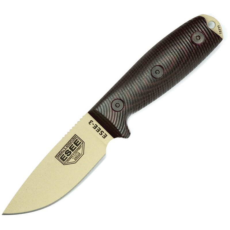 ESEE Model 3 Black & Red 3D G10 Tan 1095HC Fixed Blade Knife w/ Sheath 3PMDT004