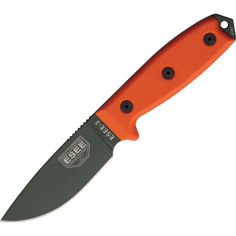 ESEE Model 3 Orange G10 OD Green 1095HC Steel Fixed Blade Knife w/ Sheath C3POD
