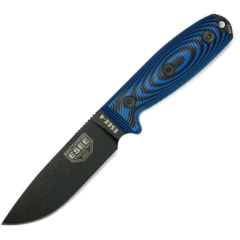 ESEE Model 4 Black & Blue 3D G10 1095HC Fixed Blade Knife w/ Belt Sheath 4PB008