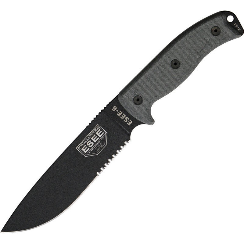 ESEE Model 6 Black Micarta Partially Serrated Carbon Steel Fixed Blade Knife C6S