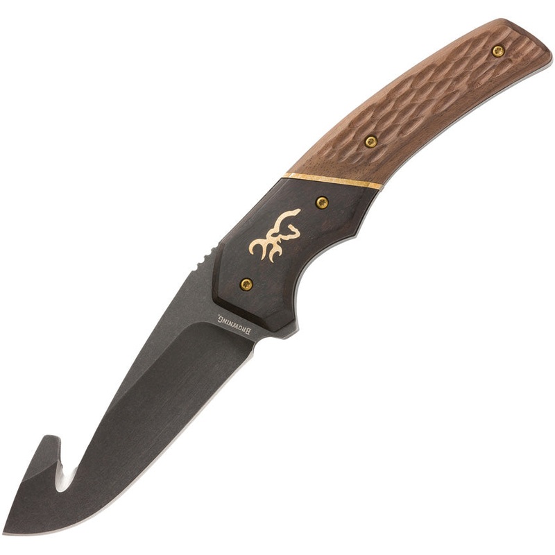 Browning Hunter Brown Wood 440C Stainless Guthook Fixed Blade Knife 0396B- On Sale
