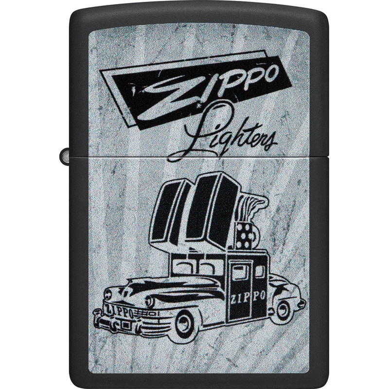 Zippo Car Ad Design White Cartoon Black Matte Waterproof Lighter 73824