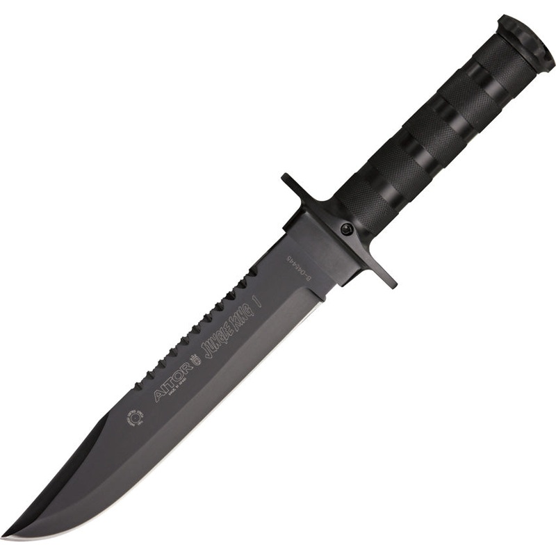 Aitor Jungle King I Black Knurled Stainless Handle Black Sawback Fixed Blade Knife 16013V