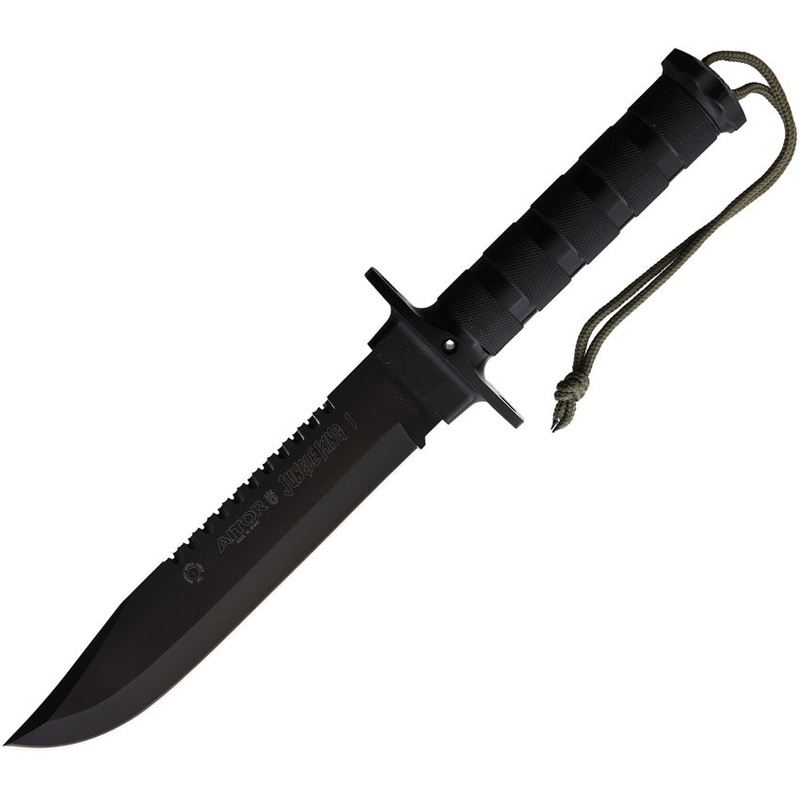 Aitor Jungle King I Black Knurled Stainless Handle Black Sawback Fixed Blade Knife 16016V