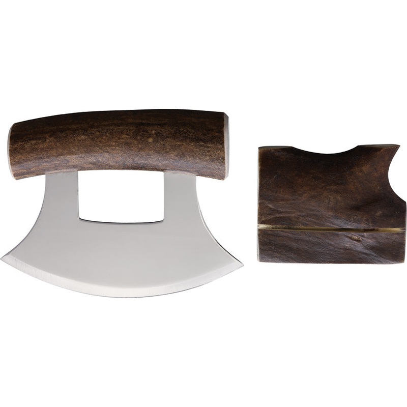B Merry Ulu Caribou Antler 440 Stainless Fixed Blade Knife w/ Stand RUCANI