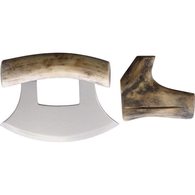 B Merry Ulu Caribou Antler 440 Stainless Fixed Blade Knife w/ Stand RUCAP2