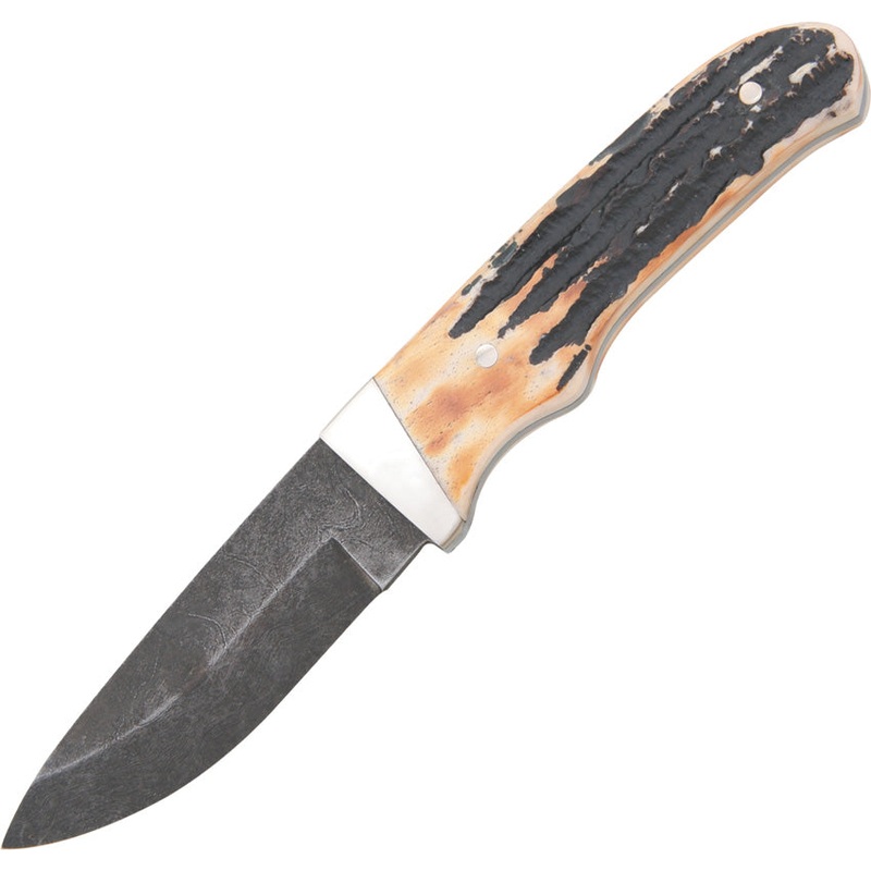 Bear & Son Pro Skinner Stag Bone Handle Damascus Drop Point Fixed Blade Knife 549D