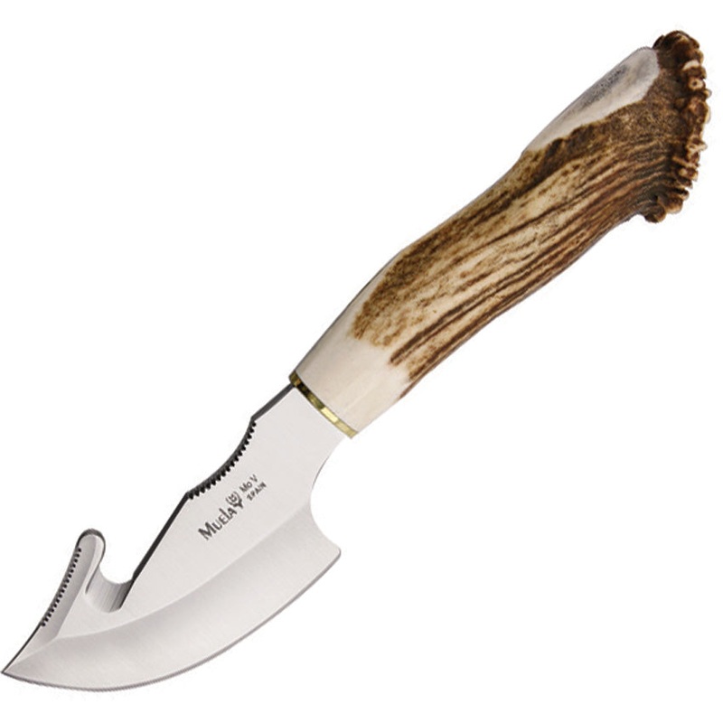 Muela Guthook Skinner Brown Crown Stag 440A Fixed Blade Knife w/ Belt Sheath 91697