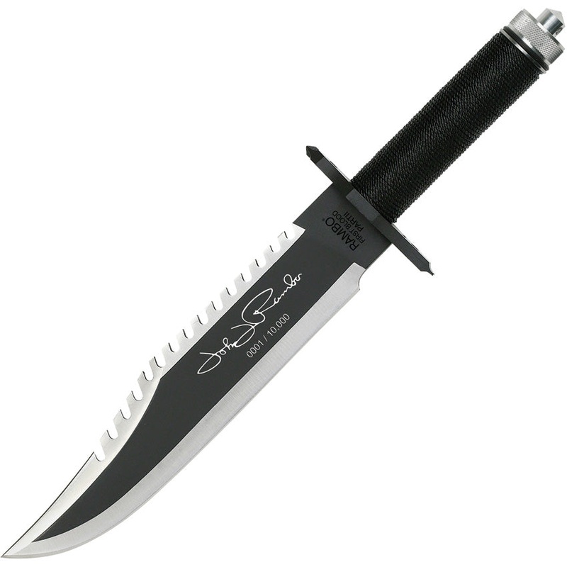 Rambo First Blood II John Black Cord Wrapped Stainless Fixed Blade Knife w/ Sheath 9424   - On Sale