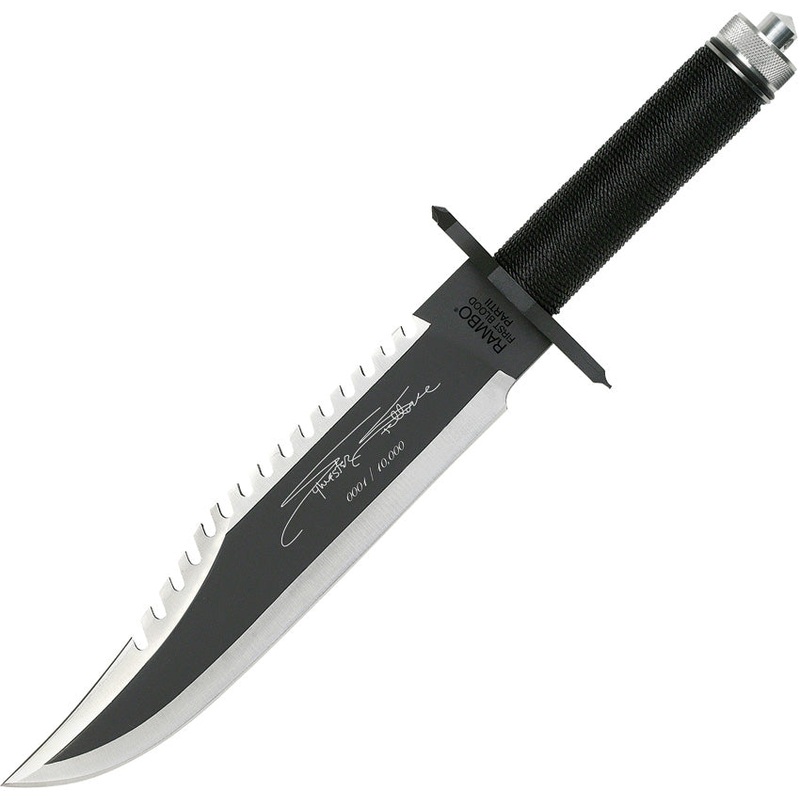 Rambo First Blood Part II Signature Black Nylon Cord Stainless Fixed Blade Knife w/ Sheath 9295