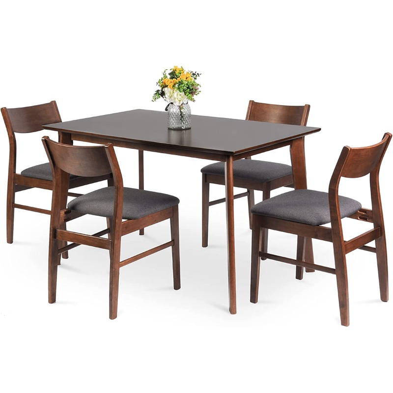 5 Piece Wooden Dining Room Table Set Mid Century Modern Wood Dinette Set Kitchen Table and 4 Chairs with Cushion, Walnut