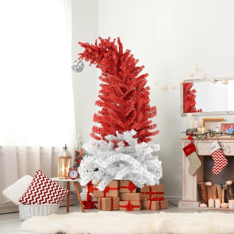 6ft Bendable Santa Hat Style Artificial Christmas Fir Tree Bent Top Xmas Tree with Metal Stand, 1050 Lush Branch Tips, Red