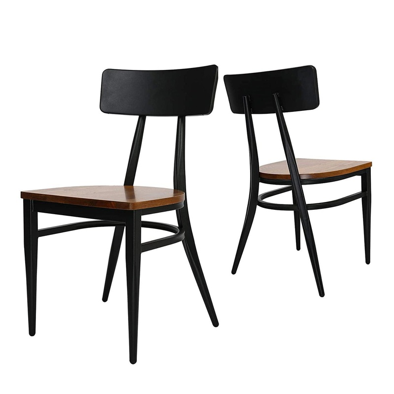 Morden Industrial Side Kitchen Dining Chairs with Solid Wooden Seat & Metal Legs, Set of 2(Black and Brown)