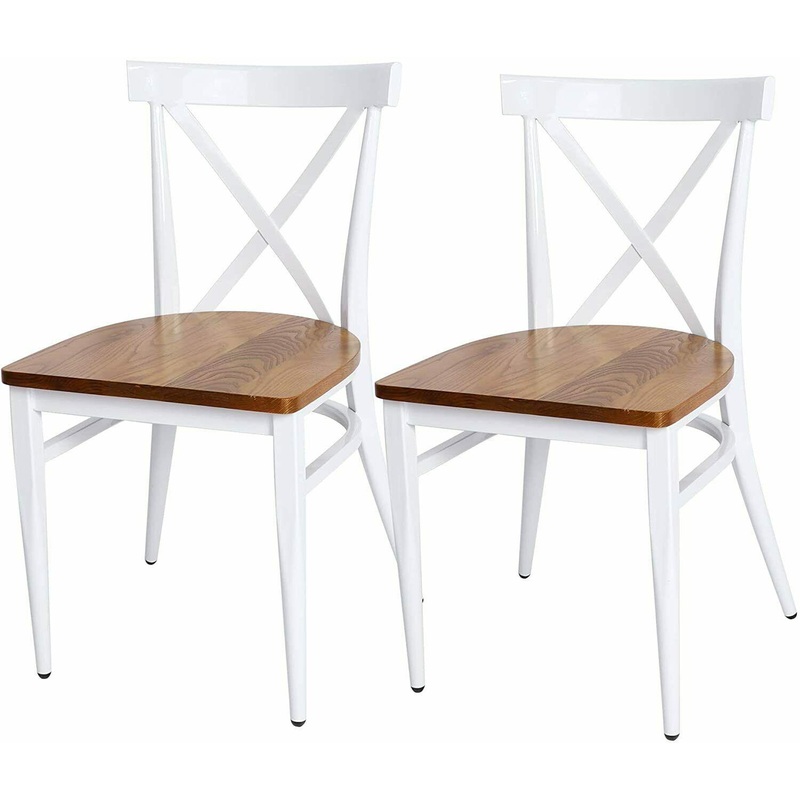 Set of 2 Dining Room Chairs Metal Frame Wood Seat Cross Back Side Seat Kitchen