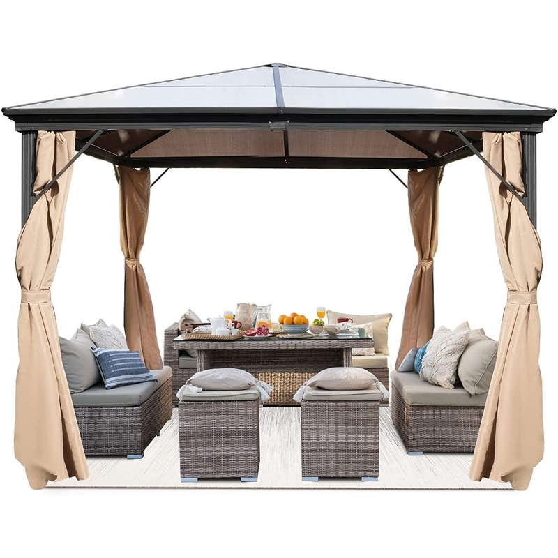 10x10 FT Hardtop Outdoor Gazebo, Aluminum Frame Polycarbonate Hardtop Garden Tent with Curtains & Mosquito Netting