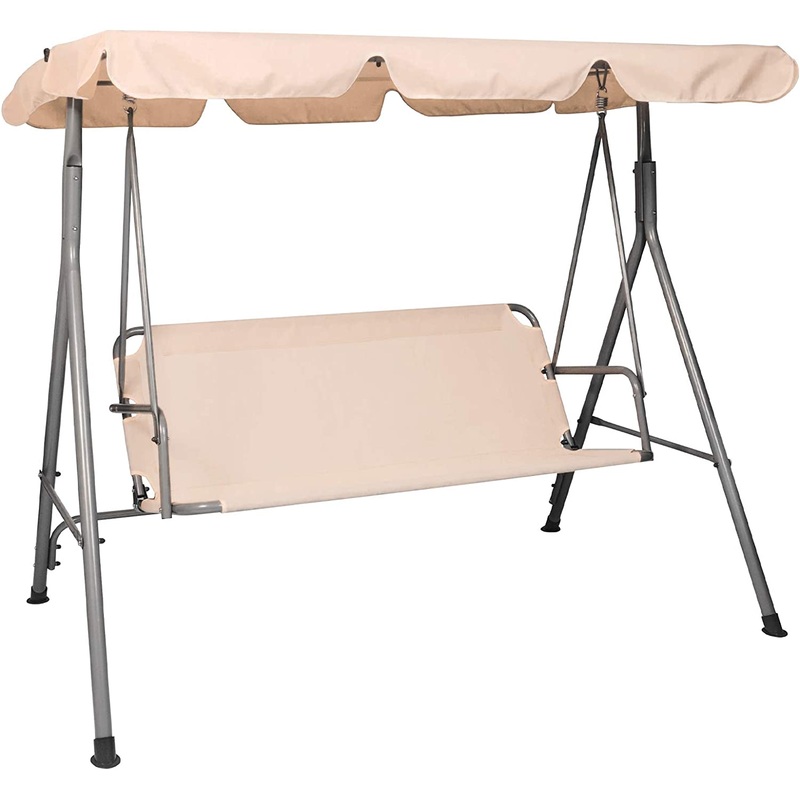 3-Seat Outdoor Patio Swing Chair Adjustable Canopy & Anti-Slip Padded Feets, Beige