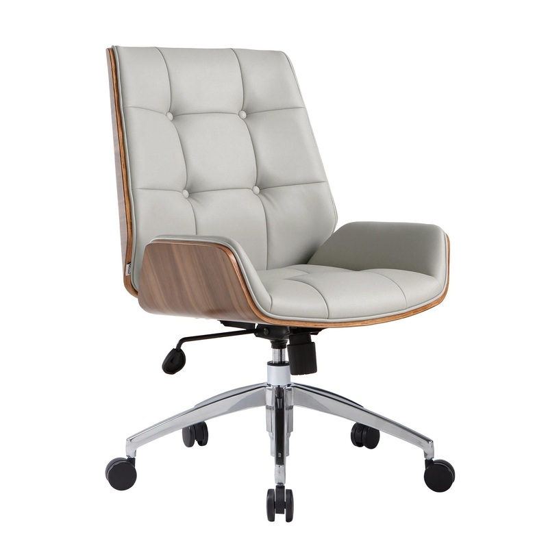 Executive Office Chair with Adjustable Height and Tilt, Solid Wood Arms and Base, 360 Swivel - Leather Office Chair, Grey