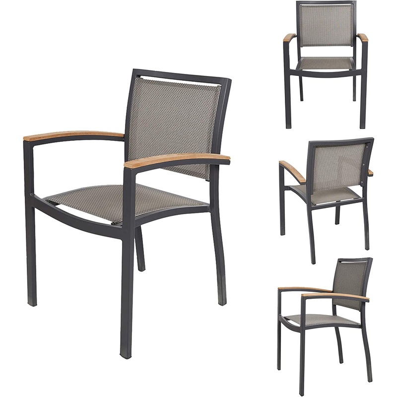 Outdoor Patio Dining Chairs with Teak Armrest,Textilene Mesh Fabric Aluminum Frame, Gray