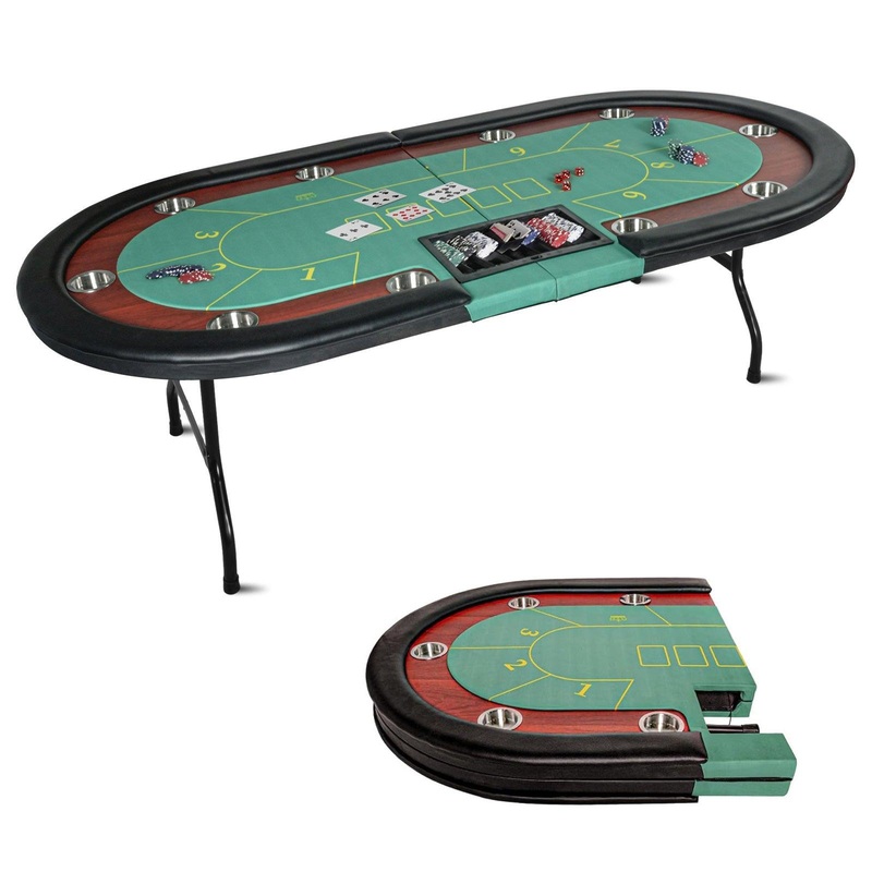 10 Player Oval Folding Poker Table Texas Holdem Poker Table with Stainless Steel Cup Holders, Green