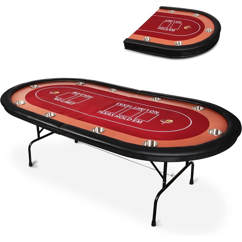 Poker Table Foldable Large 10 Players Casino Table Texas Holdem  Red Felt Surface With 10 Stainless Steel Cup Holders & Padded Poker Table