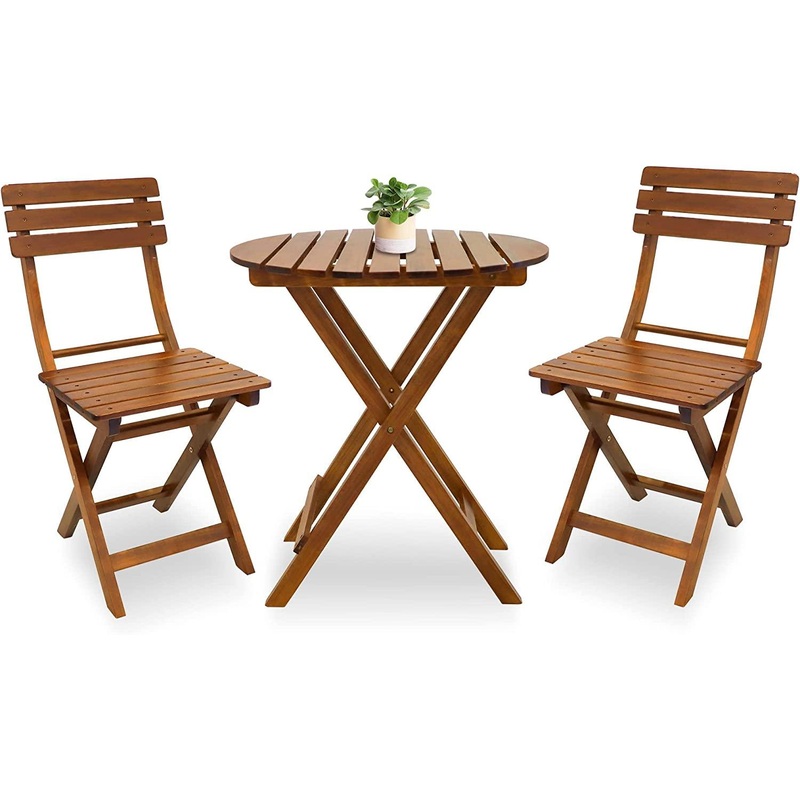 3-Piece Outdoor Wood Round Bistro Set, Patio Folding Furniture Set