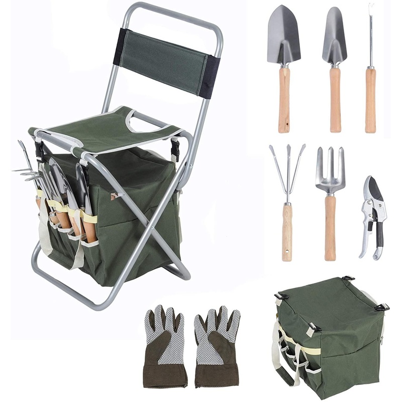 9 PCS Garden Tools Set Ergonomic Wooden Handle Sturdy Stool with Detachable Tool Kit