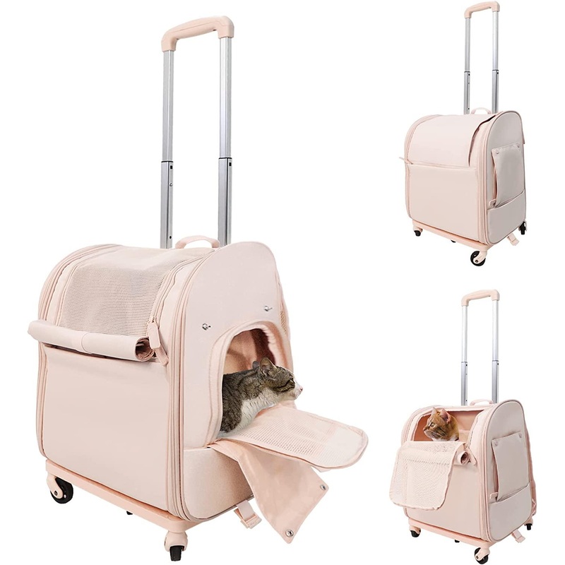 Cupets Pet Carrier with Wheels, Airline Approved Foldable Cat Carrier Backpack Bag, Pink