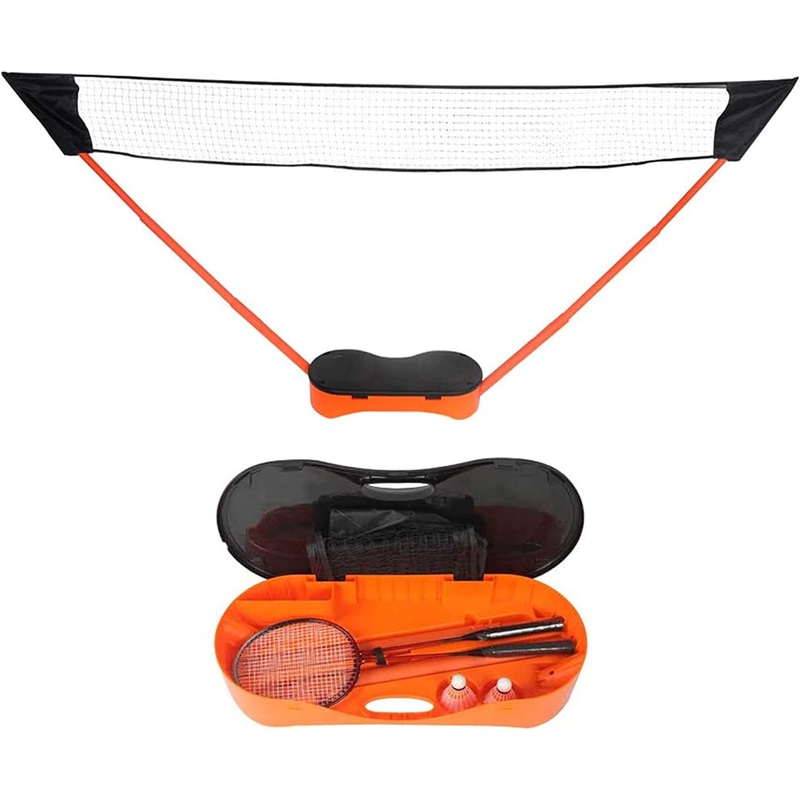 Portable Badminton Net Set Storage Box Base with 2 Battledores 2 Shuttlecocks Large, Orange