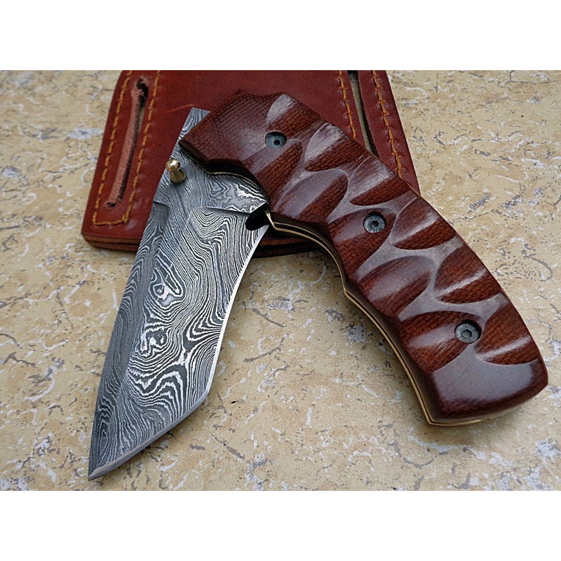 Custom Handmade Folding Knife With Leather Sheath